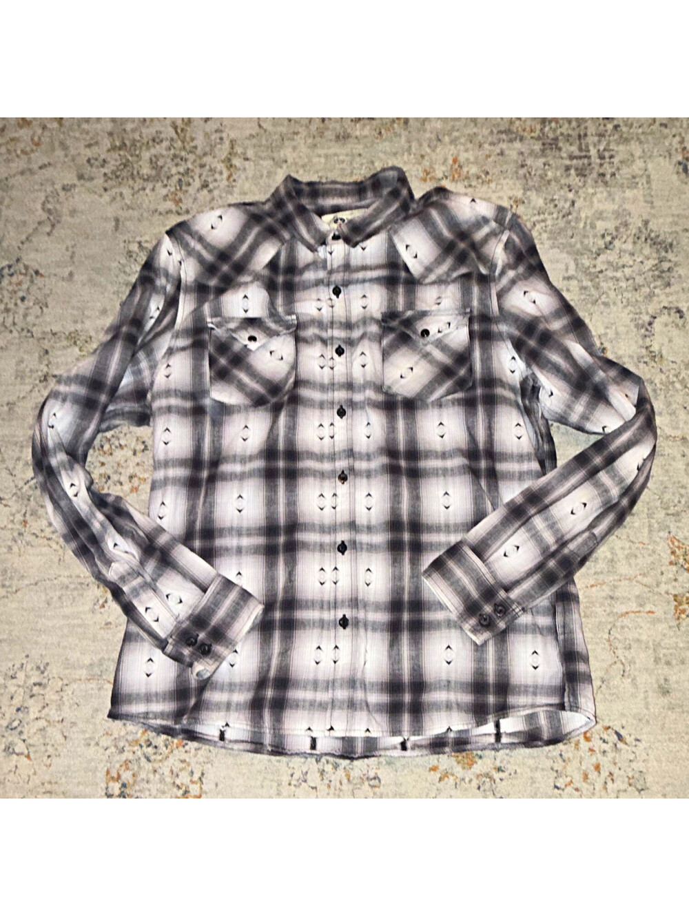 JNCO Men's Plaid Woven Button-Up Shirt Long Sleeve y2k L Gray White Pockets A267